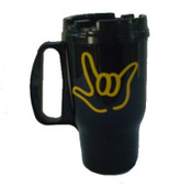 Travel Mug 16 0z, Black Mug with OUTLINE I LOVE YOU (Yellow)