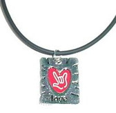 Heart Square with Sign hand " I LOVE YOU"  Necklace (Red background with White hand)