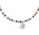 SIGN LANGUAGE ASL Blue and Black Beads Shells with Pewter I LOVE YOU hand Necklace 16"