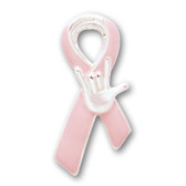Pink Ribbon Pin with I Love You Symbol Silver