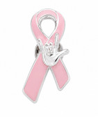 SIGN LANGUAGE ASL " I LOVE YOU" HAND WITH PINK RIBBON SYMBOL PIN TACK SILVER