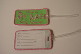 Luggage Tag with ILY Sign Hand (Lime and Pink Merrow) Embroidery