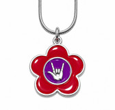 SIGN LANGUAGE ASL Flower with Sign hand " I LOVE YOU " Necklace (Pink and Purple)