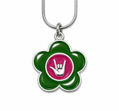 SIGN LANGUAGE ASL Flower with Sign hand " I LOVE YOU" Necklace (Green and Pink)