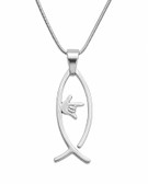 SIGN LANGUAGE ASL Christian Fish with I LOVE YOU hand Necklace, Stainless Steel