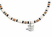 SIGN LANGUAGE ASL Cork & Black, White and Tan Beads with Pewter I LOVE YOU hand Necklace 16"