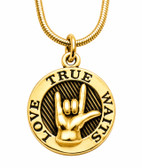 SIGN LANGUAGE ASL Circle Disc Sign Hand I LOVE YOU , Love, True, Waits (Gold)