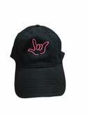 Sign Language  Hand  Outline"I LOVE YOU " CAP (BLACK WITH HOT PINK THREAD)