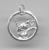 Circle with heart & ILY hand Pendant Sterling Silver