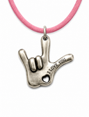 SIGN LANGUAGE ASL I LOVE YOU Hand Charm words say " I LOVE YOU" Suedue Necklaces (Pink)