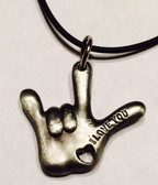 I LOVE YOU Hand Charm words say " I LOVE YOU" Rubber Cord Black Necklaces ( Antique Silver)