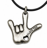 SIGN LANGUAGE ASL I LOVE YOU Hand Charm words say " I LOVE YOU" Rubber Cord Black Necklaces ( Antique Silver)