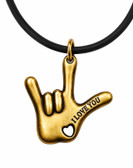 SIGN LANGUAGE ASL I LOVE YOU Hand Charm words say " I LOVE YOU" Rubber Cord Black Necklaces (Antique Gold)