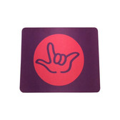 MOUSE PAD WITH SIGN LANGUAGE " I LOVE YOU"  PURPLE WITH PINK CIRCLE ON  PURPLE OUTLINE  HAND