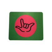 MOUSE PAD WITH SIGN LANGUAGE " I LOVE YOU" LIME WITH PINK CIRCLE ON BLACK OUTLINE HAND