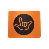 MOUSE PAD WITH SIGN LANGUAGE " I LOVE YOU" ORANGE WITH BLACK CIRCLE ON ORANGE OUTLINE HAND