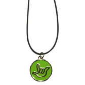CIRCLE SIGN LANGUAGE "I LOVE YOU" OUTLINE HAND WITH BLACK CORD NECKLACE ( LIME)
