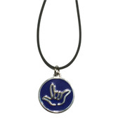 CIRCLE SIGN LANGUAGE  "I LOVE YOU" OUTLINE HAND WITH BLACK CORD NECKLACE (BLUE)