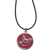 CIRCLE SIGN LANGUAGE  "I LOVE YOU" OUTLINE HAND WITH BLACK CORD NECKLACE (PINK)