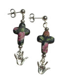 CROSS STONE FLOWER ROSE WITH SIGN LANGUAGE HAND " I LOVE YOU" EARRINGS