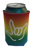 KOOZIES FOAM CAN COOLER WITH SIGN LANGUAGE HAND OUTLINE " I LOVE YOU" ( RAINBOW)