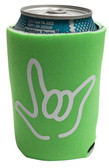 KOOZIES FOAM CAN COOLER WITH SIGN LANGUAGE HAND OUTLINE " I LOVE YOU" ( LIME)