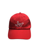 RED CAP WITH OUTLINE HAND "I LOVE YOU " (WHITE THREAD)