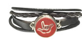 LEATHER BRACELET SNAPS BUTTON CHARM WITH SIGN LANGUAGE " I LOVE YOU " ( RED BACKGROUND WITH SILVER OUTLINE HAND) B26