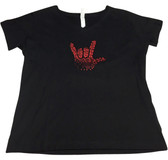 BLACK SHIRT V - NECK  WITH SIGN LANGUAGE DRAW HAND " I LOVE YOU" ( DISC CIRCLE RED SHINNY) ADULT SHIRT