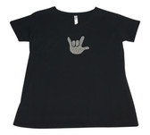 BLACK SHIRT V - NECK WITH SIGN LANGUAGE DRAW HAND " I LOVE YOU" ( SILVER SHINNY HAND) ADULT SHIRT