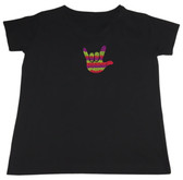 BLACK SHIRT V - NECK WITH SIGN LANGUAGE DRAW HAND " I LOVE YOU" ( PURPLE, LIME, AND PINK DOT RAINBOW) ADULT SHIRT