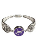Silver Spoon Snap Button Bracelet with Sign Language hand " I LOVE YOU"  (Purple Background)