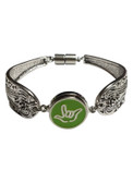 Silver Spoon Snap Button Bracelet with Sign Language hand " I LOVE YOU"  (Lime Background)