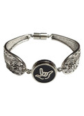 Silver Spoon Snap Button Bracelet with Sign Language hand " I LOVE YOU"  (Black Background)