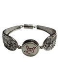 Silver Spoon Snap Button Bracelet with Sign Language hand " I LOVE YOU"  (Red Outline)