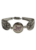 Silver Spoon Snap Button Bracelet with Sign Language hand " I LOVE YOU"  (Pink Outline)