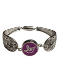 Silver Spoon Snap Button Bracelet with Sign Language hand " I LOVE YOU"  (Pink Background)