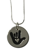 SIGN LANGUAGE HAND " I LOVE YOU" Circle Charm with Silver Cord Necklace ,( BLACK ENAMEL HAND)