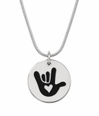 SIGN LANGUAGE ASL HAND " I LOVE YOU" Circle Charm with Silver Cord Necklace ( BLACK ENAMEL HAND)