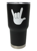 STAINLESS STEEL (BLACK) TUMBLER 30 OZ WITH SIGN LANGUAGE " I LOVE YOU HAND " (WHITE)