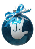  DISC SHAPES (like an M & M)3.5 INCHES GLITTER ORNAMENTS  WITH SIGN LANGUAGE HAND " I LOVE YOU" (BLUE GLITTER )