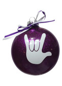 DISC SHAPES (like an M & M) 3.5 INCHES GLITTER ORNAMENTS  WITH SIGN LANGUAGE HAND " I LOVE YOU" (PURPLE GLITTER )