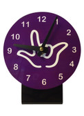 DESK CLOCK , SIGN LANGUAGE WITH WHITE OUTLINE HAND (PURPLE BACKGROUND)