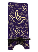 IPHONE DEVICE STAND WITH SIGN LANGUAGE " I LOVE YOU " WHITE HANDS (PURPLE BACKGROUND) FOR IPHONE .