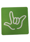 DRINK COASTER SQUARE PAD SIGN LANGUAGE OUTLINE HAND " I LOVE YOU"  ( LIME BACKGROUND / WHITE HAND)