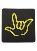 DRINK COASTER SQUARE PAD SIGN LANGUAGE OUTLINE HAND " I LOVE YOU"  ( BLACK BACKGROUND / YELLOW HAND)