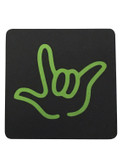 DRINK COASTER SQUARE PAD SIGN LANGUAGE OUTLINE HAND " I LOVE YOU"  ( BLACK BACKGROUND / LIME HAND)