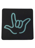 DRINK COASTER SQUARE PAD SIGN LANGUAGE OUTLINE HAND " I LOVE YOU"  ( BLACK BACKGROUND / TURQUOISE HAND)