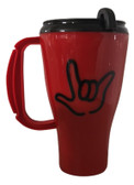 TRAVEL MUG 16 0Z, RED MUG WITH SIGN LANGUAGE OUTLINE HAND " I LOVE YOU" BLACK HAND