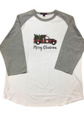 T-Shirt Merry Christmas Truck with Sign Hand I LOVE YOU ( Grey/White) Baseball shirt 3/4 (Adult Size)